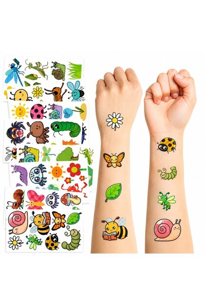 Set Tatuaje Temporare pentru Copii, Flippy, Modele Cartoon cu Insecte si Natura, Rezistente la Apa, pentru Petreceri si Activitati Creative, Foaie 12 x 6.8 cm, Multicolor