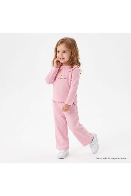 HelloBaby Kız Bebek Bluz-Pantolon Tavşan Baskılı Düğmeli Bebe Yaka Long Sleeve Reçme