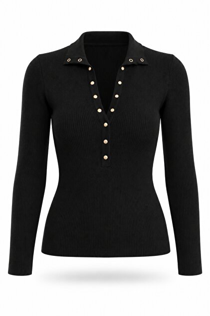 Black Stand-Up Collar Knitwear with Snap Fasteners 251037