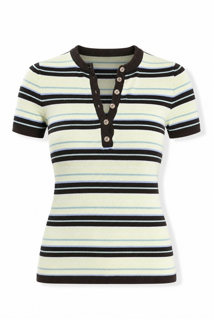 Brown Striped Buttoned Short Sleeve Knitwear 4752