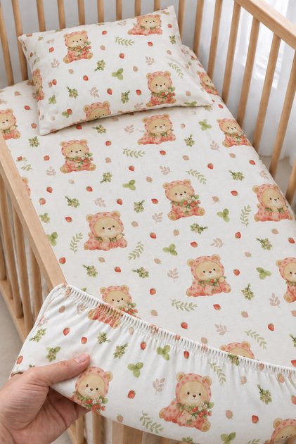 100% Cotton Strawberry Teddy Bear Patterned Baby Elastic Sheet Set - 2 Pillowcases 60X120 / 70X120 / 70X110 Mother's Side - Park Bedding