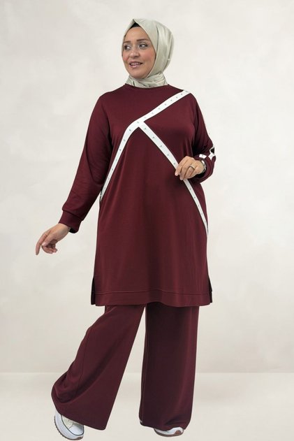 68099 Plus Size Stoned Modal Tunic with White Stripes on the Front and Sleeves - Burgundy