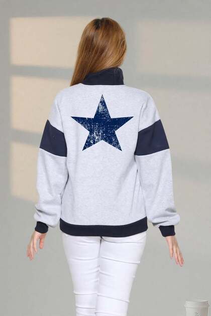 Women's Gray Navy Blue Front and Back Star Printed Stand Collar Half Zipper Sports Model Daily Use Sweatshirt