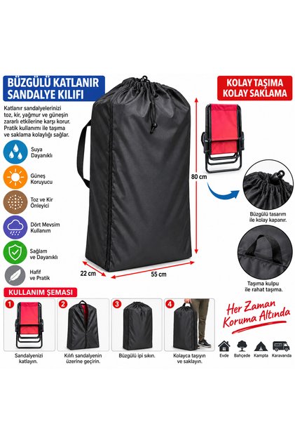 Büzgülü Katlanır Sandalye Koruma ve Taşıma Kılıfı – Suya Dayanıklı, Taşıma Kulplu 80×55×22 cm