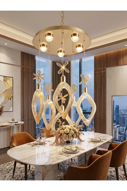 Gold Kelebekli 6'lı Kristal Led Avize - Bal Renk Cam Sarkıt Modern Salon Yemek Odası Avizesi