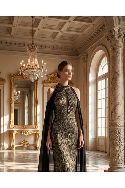 Gold Evening Gown with Extended Collar and Royal Cape