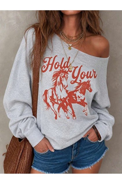 Women's Hold Your Printed Boat Neck Oversize Sweatshirt