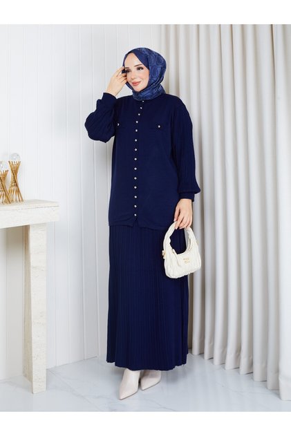 Stoned Buttoned Long Cardigan Balloon Sleeve Knitwear Skirt Set