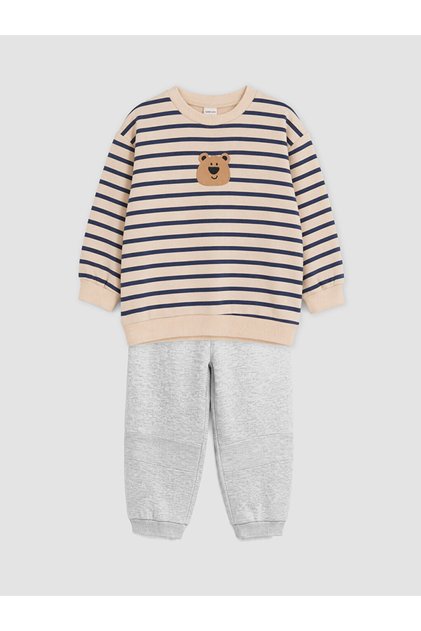 Lcw Baby Beige Embroidered Striped Baby Boy Tracksuit Set