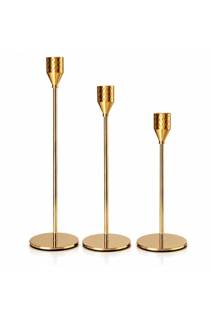 3’lü Premium Rose Gold Metal Şamdan Seti – Dekoratif Uzun Mumluk Takımı, Salon Yemek Masası Konsol Aksesuarı