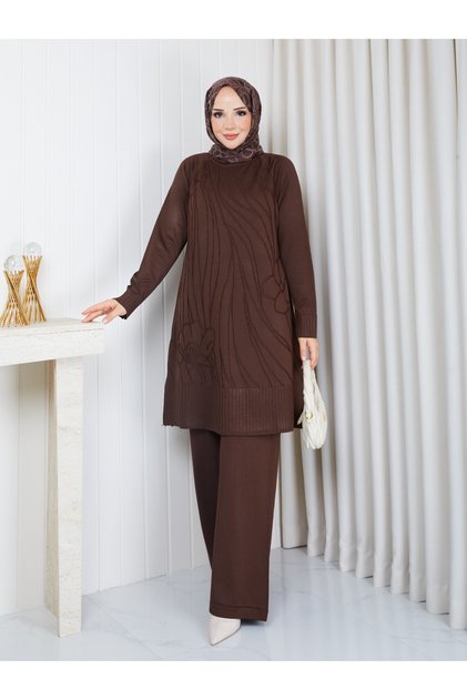 Soğuk İplik Çiçek Desenli Triko Pantolonlu Tunik Takım