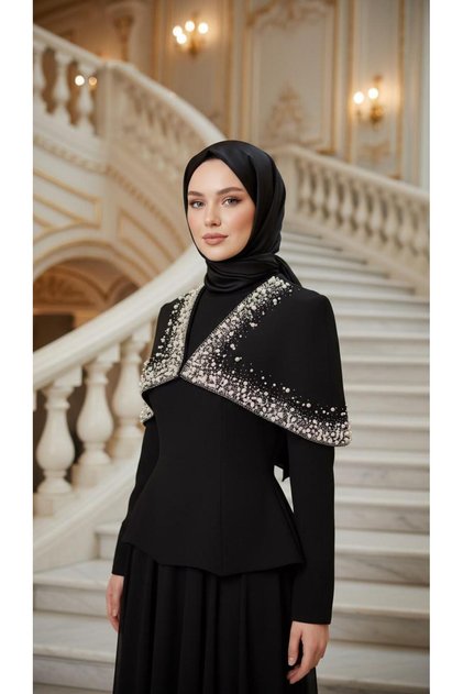 New Elegans Taşlı Pelerinli Abiye Elbise-2500
