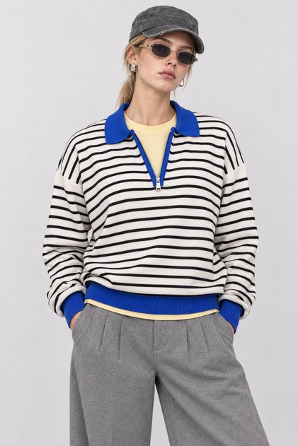 Striped Polo Collar Oversize Knitwear Sweater Lki̇0056 Ecru Blue