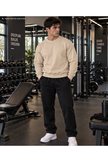 Erkek Sweatshirt Desensiz Bisiklet Yaka Pamuklu Spor Örme Üst