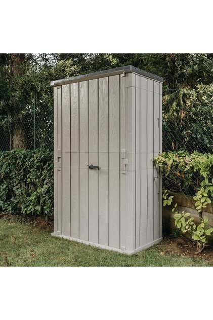 Bahçe Depolama Dolabı 1670 Litre Plastik Ahşap Görünümlü Gri Kilitlenebilir Depo 130x75,6x206 cm