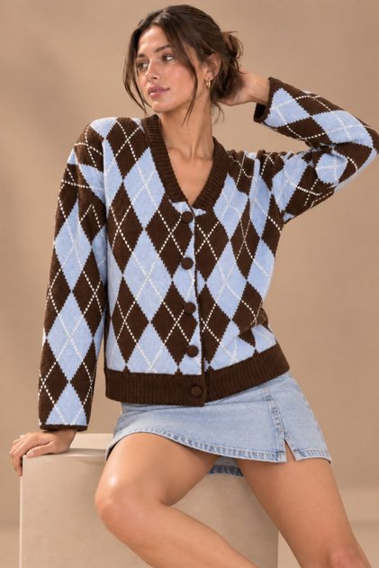 Women's V-Neck Diamond Pattern Knitwear Cardigan