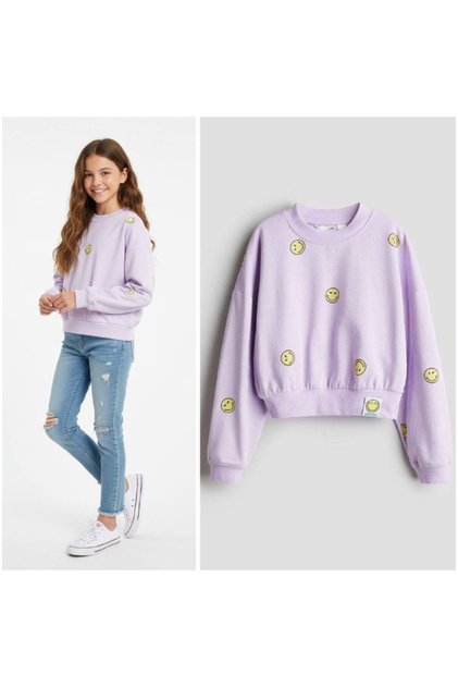 Girl's Lilac Smiley Printed Oversize Sweatshirt