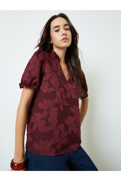 Burgundy Floral Textured Short Sleeve Top