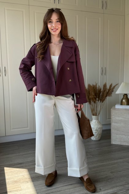 Short Purple Trench Coat with Buttons and Belt