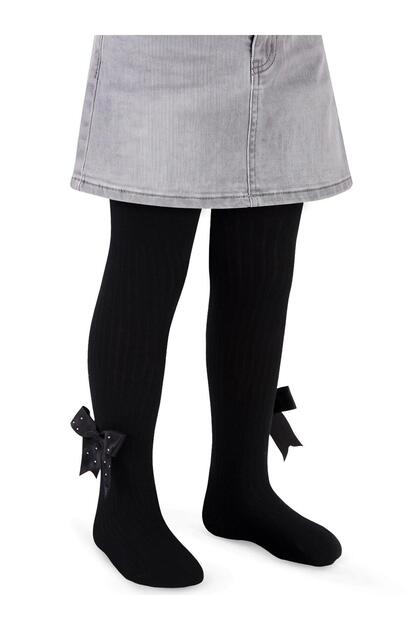 Civil Girls' Stoned Ribbon Accessory Pantyhose | School Nursery and Daily Use - Black