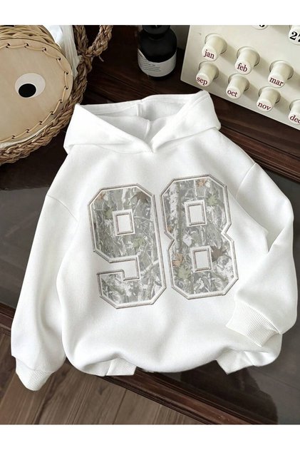 Unisex White 98 Printed Hooded Sweatshirt Printed Premium Oversize T-Shirt
