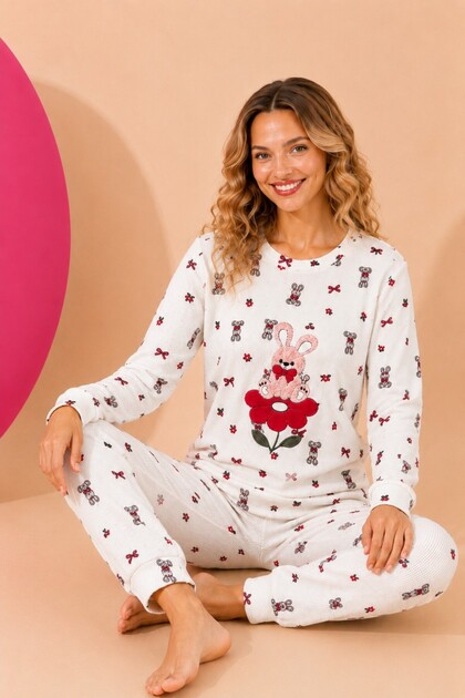 Waffle Knitted Long Sleeve Round Neck Cuff Detailed Embroidered Women's Pajama Set
