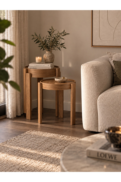 Ceviz Meşe Siyah Beyaz Renk Masif Doğal Ahşap İskandinav Tasarım Salon Milan Yuvarlak 3'lü Zigon Sehpası Çap 40 cm