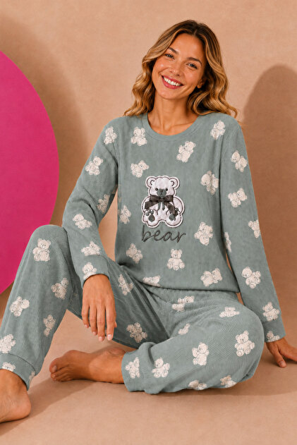 Waffle Knitted Long Sleeve Round Neck Cuff Detailed Embroidered Women's Pajama Set