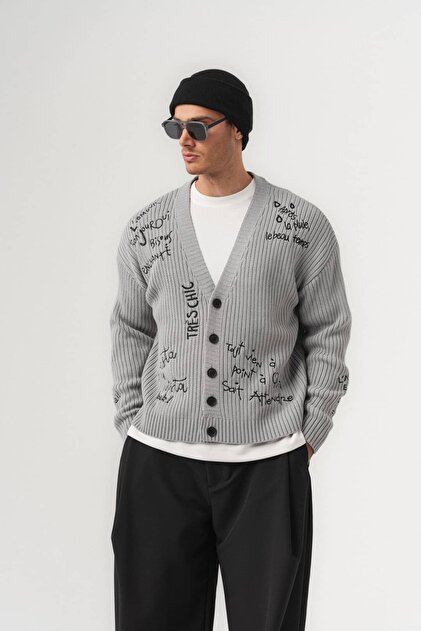 Script Patterned Steel Knitted Buttoned Knitwear Men's Cardigan