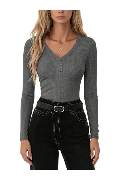 Grey Ribbed Long Sleeve V-Neck Henley Top