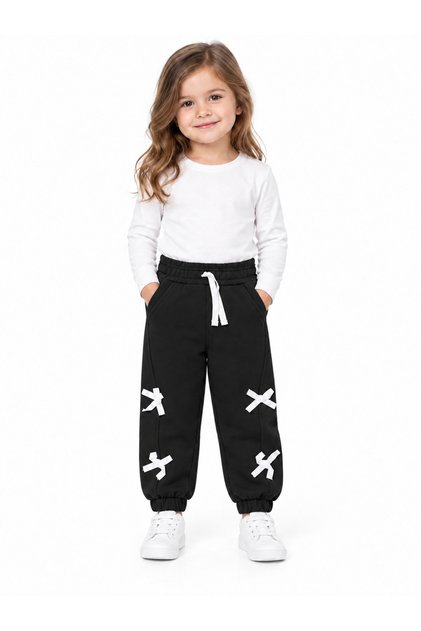 23209-26 Girl's Ribbon Detailed Jogger Pants with Elastic and Laced Waist, Comfortable Fit, 1-4 Years Old