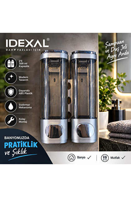 2x300 ML Yapışkanlı Duvara Monte Şampuan ve Duş Jeli Dispenseri Çift Hazneli