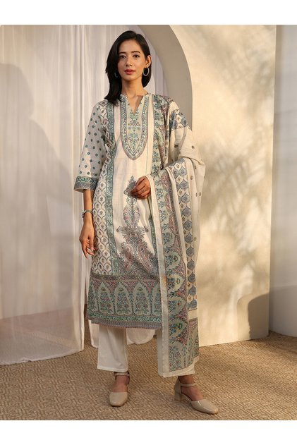 Off White Printed Cotton Straight Kurta, Trousers And Dupatta Set
