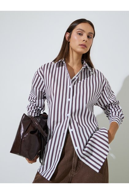 Brown Striped Long Sleeves Longline Oversized Shirt