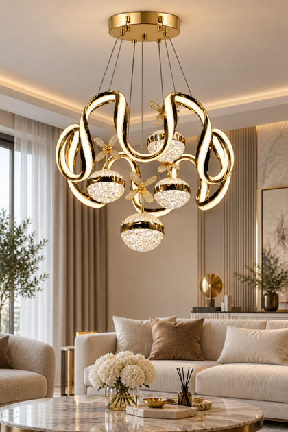 Gold Avize Su Yolu Maksi 4 Toplu Modern Dekoratif Salon Avizesi
