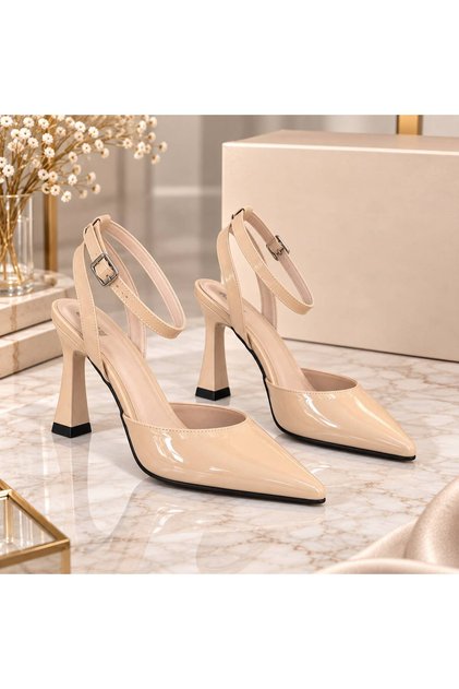 Women's Black Patent Leather Stylish Heeled Shoes with Back Strap 7 cm
