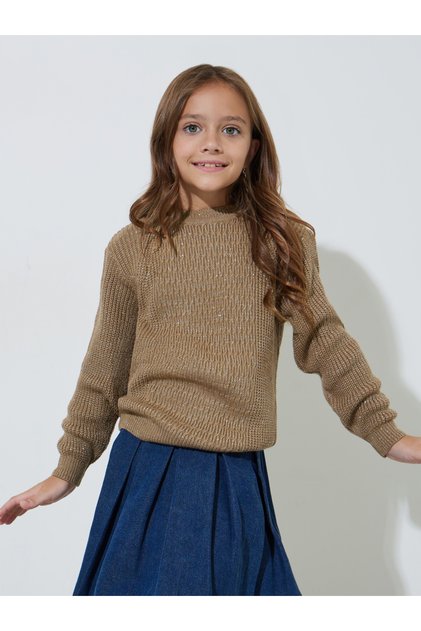 Girls Beige Textured Knit Pullover Sweater