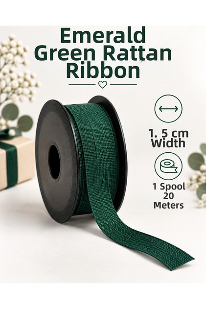 Emerald Green Linen Ribbon 1.5 cm – 1 Roll 20 Meters – Gift Wrapping, Flower Bouquet, Event and Decoration Ornament Ribbon