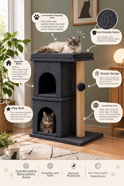 P3 Cat Scratching Tower Double Cat House Nest Cat-Friendly Fabric Spacious