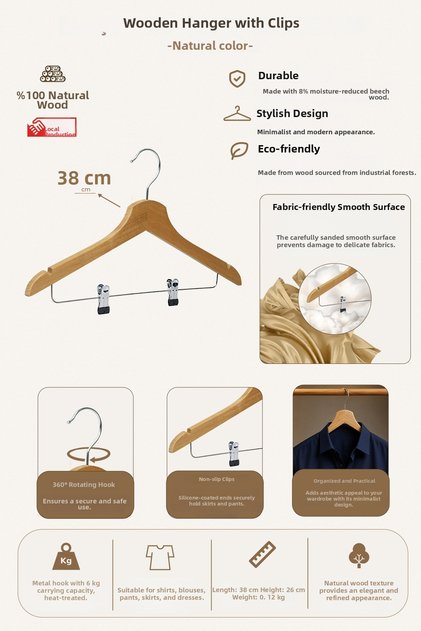 Wooden M002Çm Hanger with Latch 38cm Women'S-Youth Shirt, Skirt Hanger Natural Color 12 Pieces