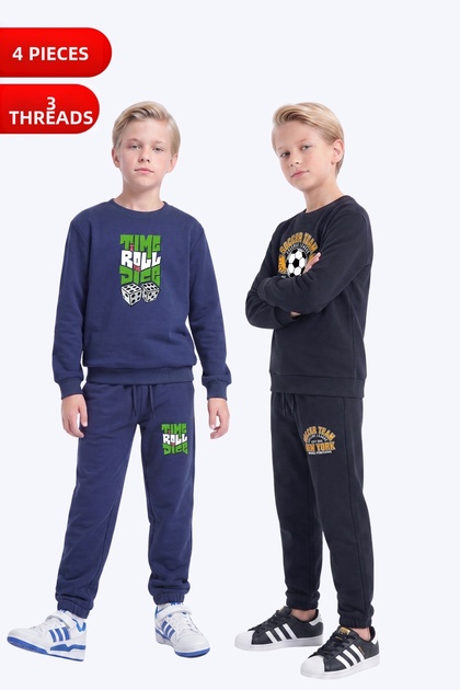 3 Thread Printed Boys' Double Pocket Crew Neck 2-Piece Tracksuit Set 4 Pieces