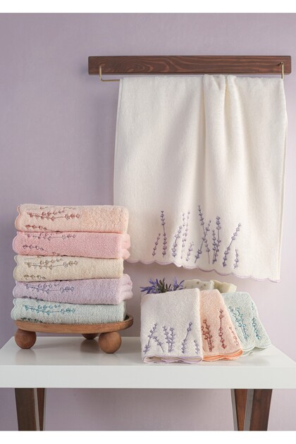 (Set of 6) Premium 3D Embroidered Bamboo Special Boxed 50X90Cm. Çeyizlik El Face Towel Set (70% Bamboo, 30%