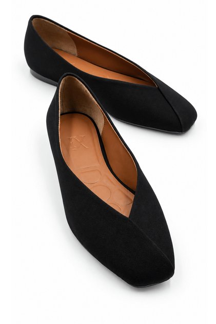 Nares Women's Satin Black V-Neck Stitching Detailed Blunt Toe Comfortable Flat Ballerinas