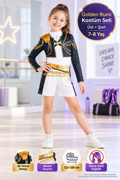 K-Pop Demon Hunters Golden Rumi Kostüm Seti Çocuk Kız 7-8 Yaş S 122-128 cm