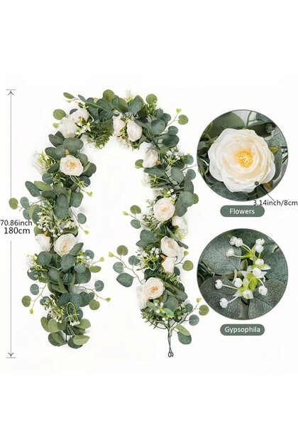 WHITE 70inch Eucalyptus and Rose Garland - Plastic Flower Vine for Home Decoration, Wedding and Enga
