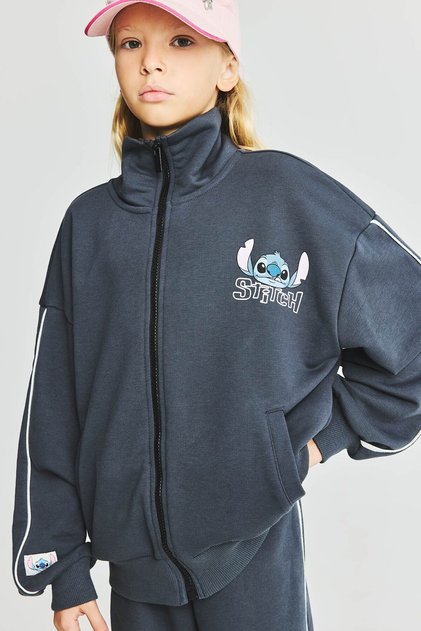 Disney Lılo & Stıtch Licensed Zippered Collar Anthracite Cardigan for Girls I1687A826Au
