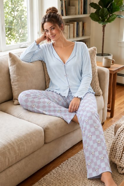 Mavi Kare Desenli Kadın Pijama Takımı