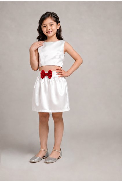Girl's White Satin Skirt Red Bow Detailed Elastic Waist Skirt