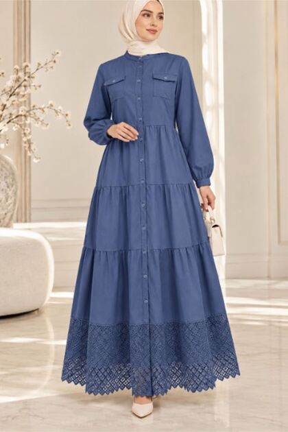 Lace Natural Fabric Full-Button Denim Dress Indigo