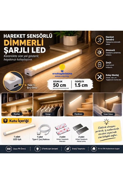Hareket Sensörlü Led Işık 50 cm Gün Işığı